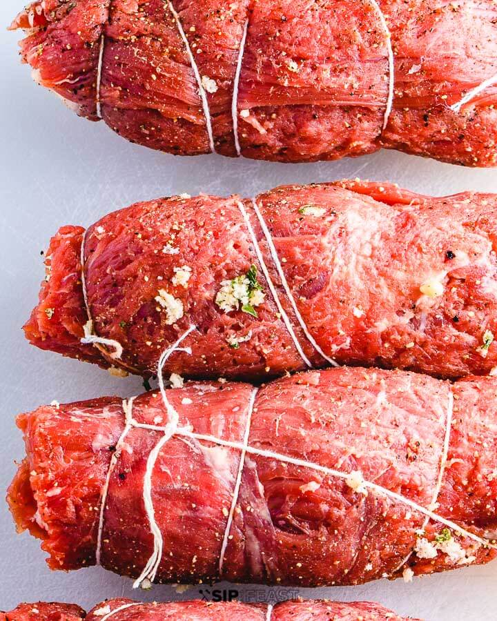 Italian Beef Braciole recipe process after being rolled up and tied together.