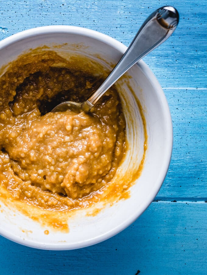 The miso paste mixture for the easy roasted miso sweet potato recipe is mixed up.