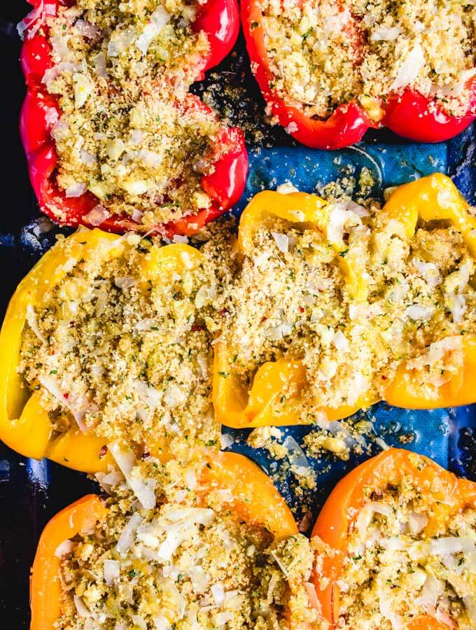 The seasoned breadcrumbs are added on to the peppers after they roast.