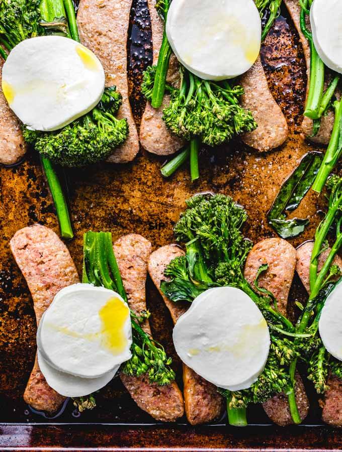 The Roasted Broccolini sheet pan dinner is topped with the fresh mozzarella.