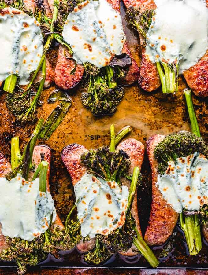 The fresh mozzarella is melted on top of the roasted broccolini and sausage.