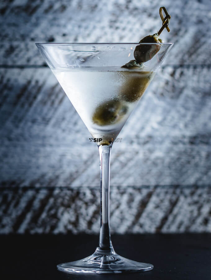 Final image of the finished Martini with blue cheese olives.