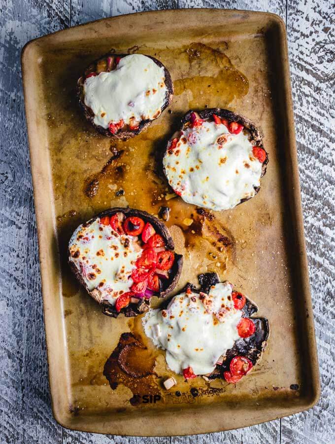 Broiled mozzarella on the baked portobello mushrooms. 