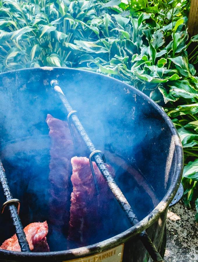 Colman's Mustard ribs in smoker.