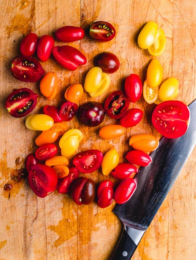 Cherry tomatoes halved for the Italian chicken with capers and cherry tomato sauce.