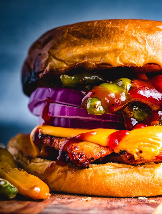 Blackened Chicken sandwich with blistered shishito peppers featured image.