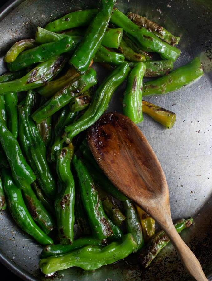 Blistered shishito peppers for the blackened chicken sandwich.