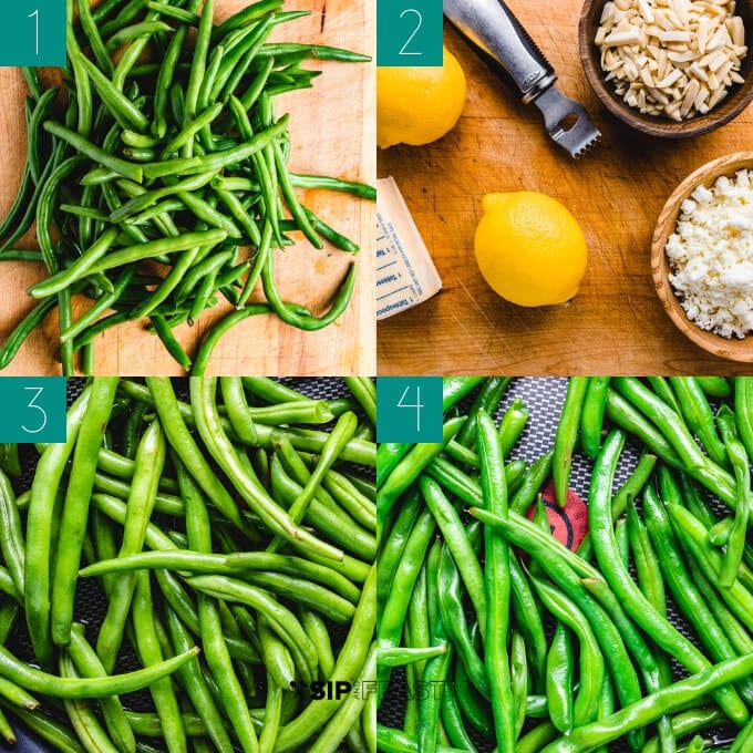 Green beans almondine with feta collage of ingredients such as green beans, almonds, feta, almonds, and lemon.