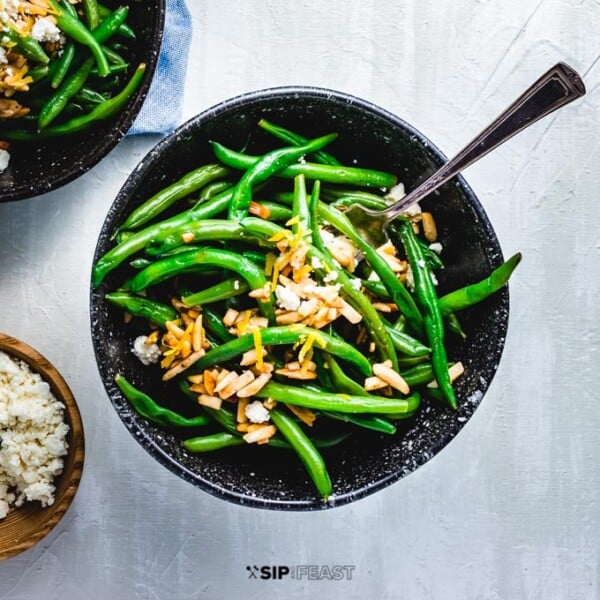 Green beans almondine with feta featured image.