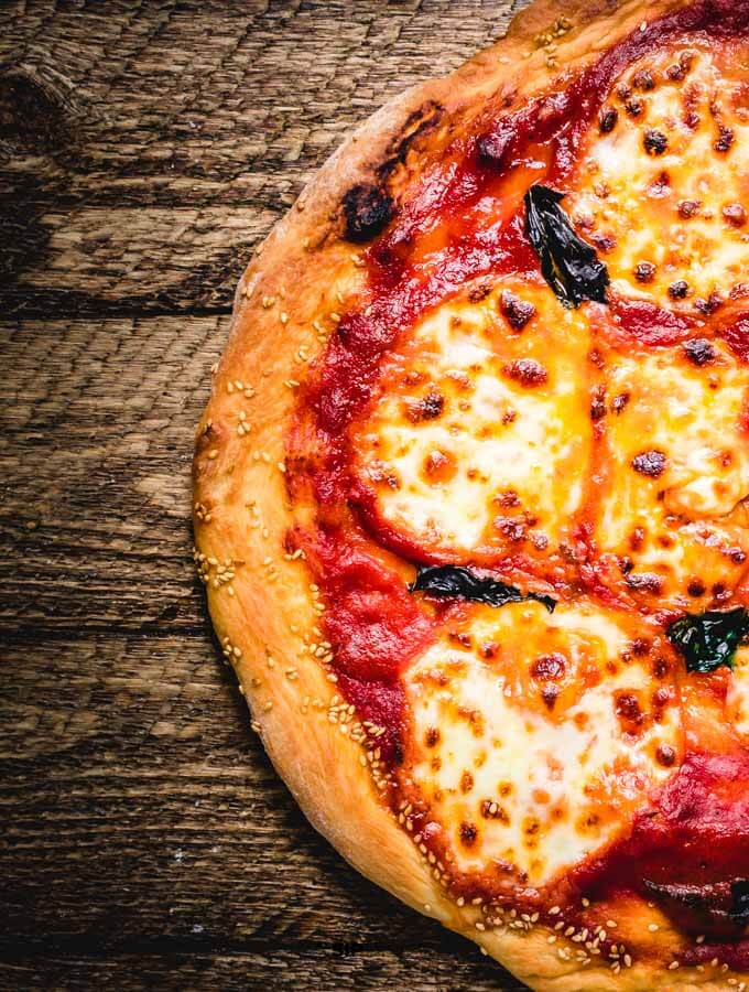 Close up of the Margherita pizza made with store bought pizza dough.