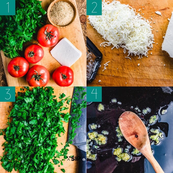 Italian stuffed tomatoes collage of ingredients,grated ricotta salata, chopped parsley, and sauteed garlic.