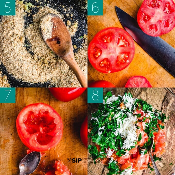 Stuffed tomatoes recipe collage of breadcrumbs in pan, cutting tomatoes, removing tomato seeds and pulp with a spoon, and mixing pulp with parsley and cheese in a glass bowl.