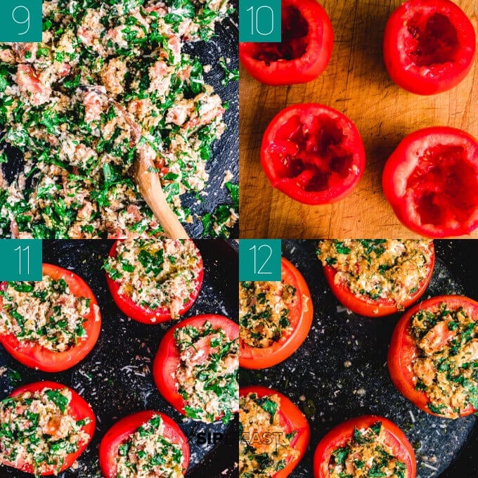 Easy stuffed tomatoes with ricotta salata and parsley final collage of the tomatoes being stuffed and placed in pan for baking.