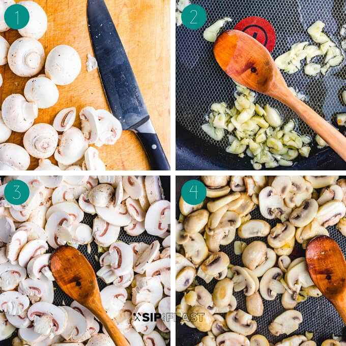 Creamy garlic mushroom pasta process shot collage group number one showing sliced mushrooms, garlic sauteeing in pan, and mushrooms cooking in pan.