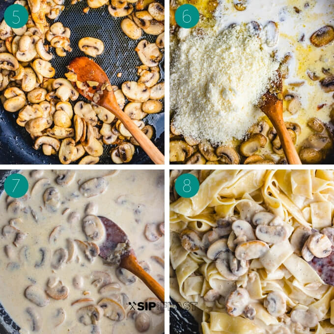 Recipe process shot collage group number two showing mushrooms in pan with cheese, mushrooms in pan with cream added, then mushrooms with pasta in pan.