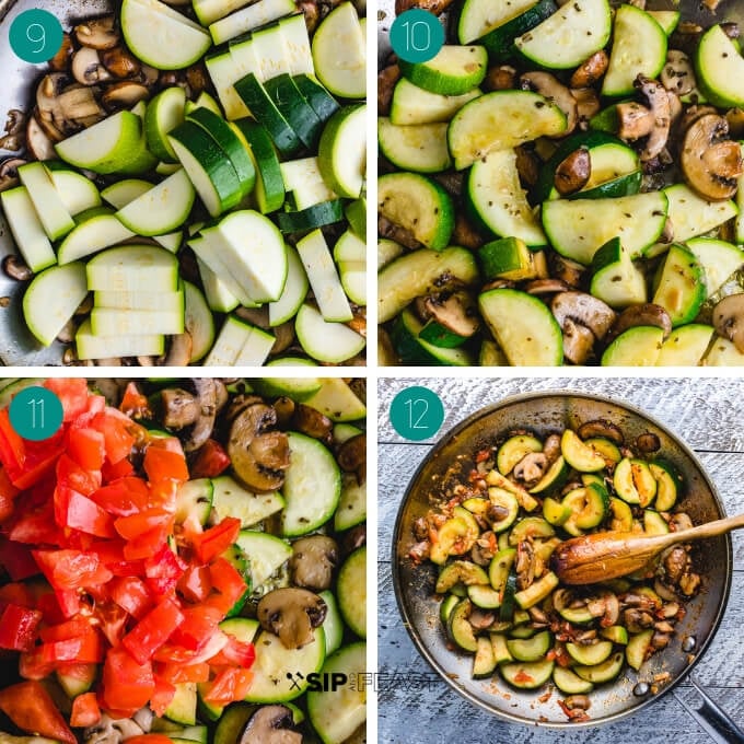 Zucchini and mushrooms process shot collage number 3.