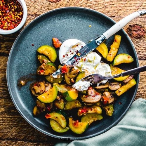 Zucchini and mushrooms with burrata featured image.