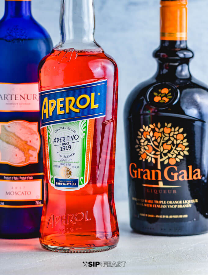Picture of Moscato sangria ingredients: Aperol, Gran Gala and Moscato.