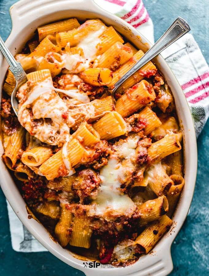 Finished pasta al forno overhead shot.