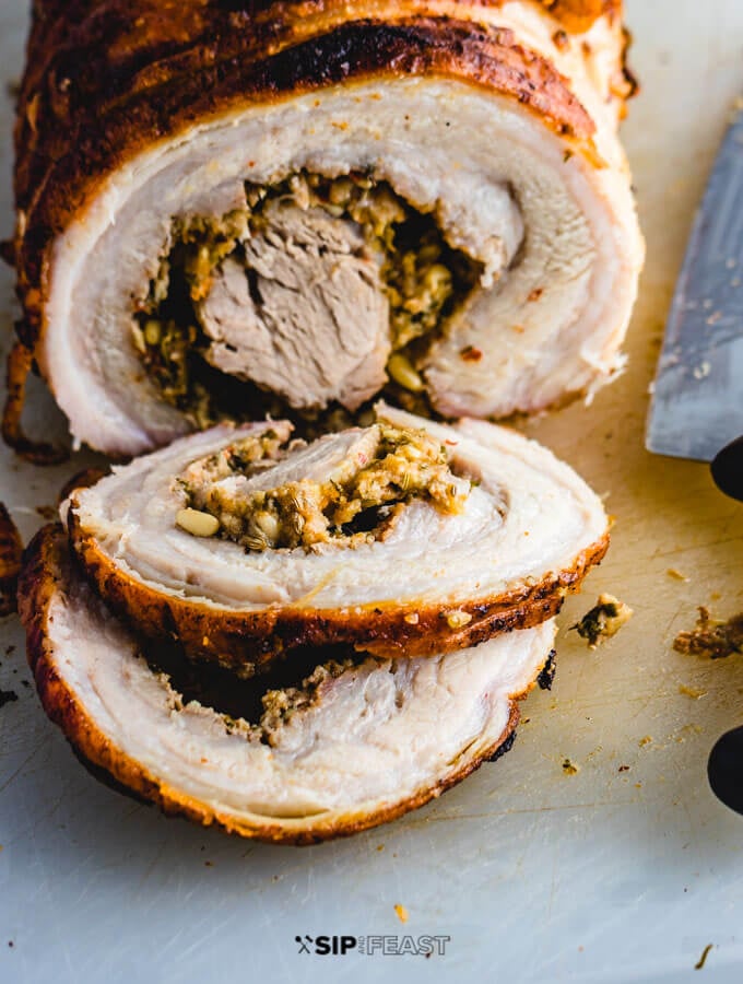 Sliced up Italian Porchetta.