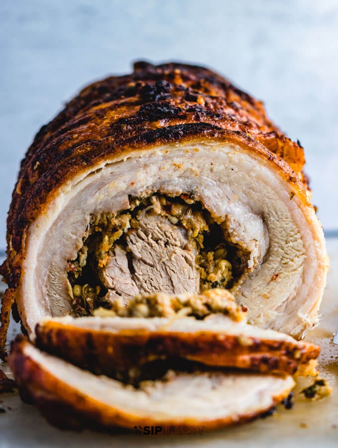 Porchetta roast sliced front facing shot.