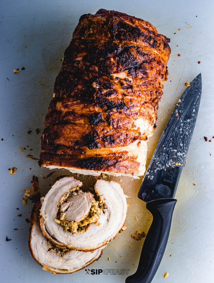 Sliced roast porchetta.