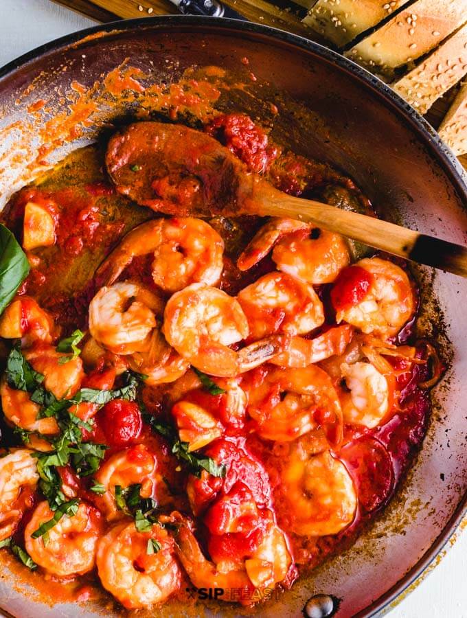 Shrimp arrabbiata in the pan, finished, and ready to be served.