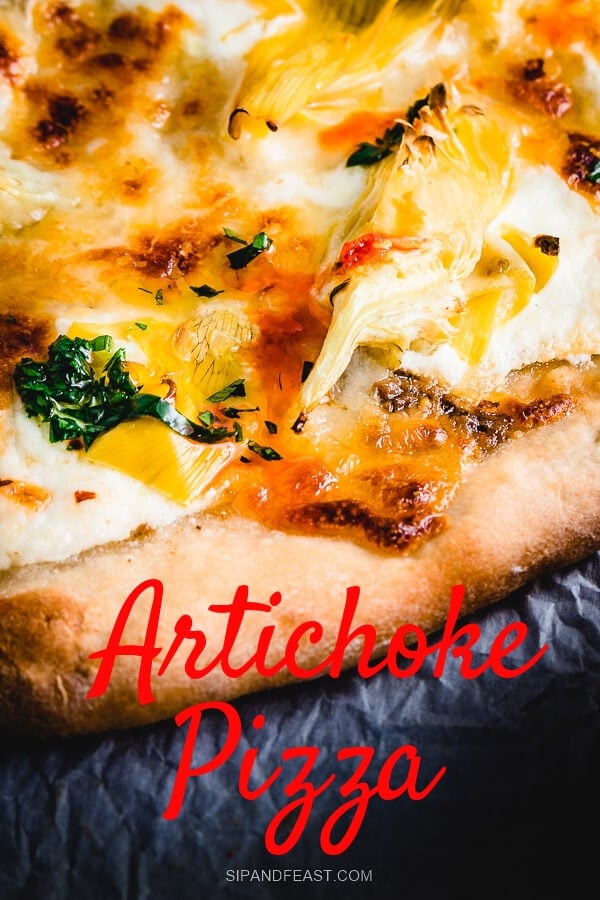 Artichoke and anchovy pizza Pinterest pin.