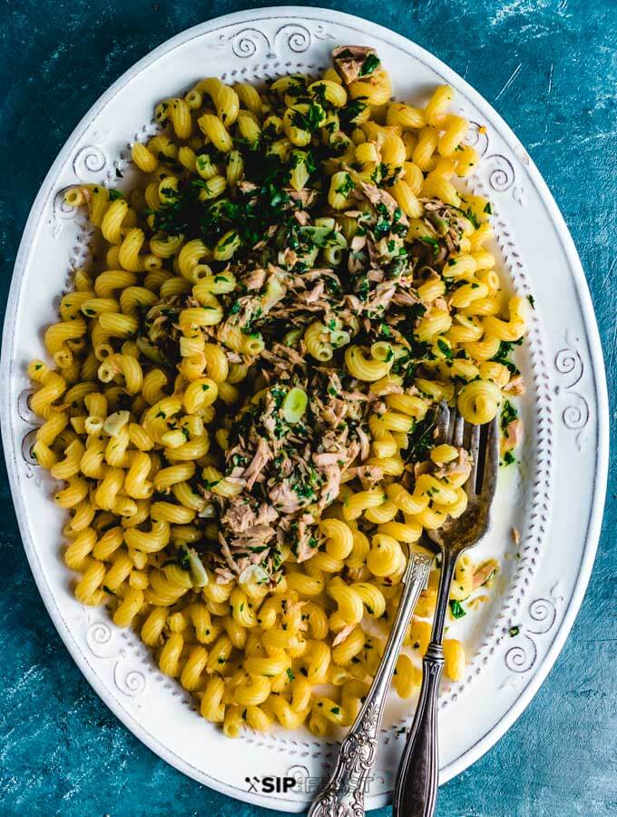 Tuna pasta plated in serving platter.