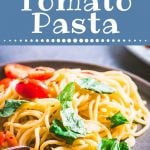 Pasta with cherry tomatoes Pinterest image.