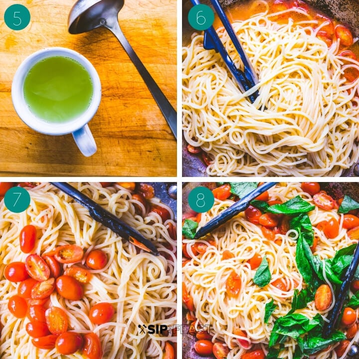 Pasta with cherry tomatoes, basil and garlic process shot collage group number two.