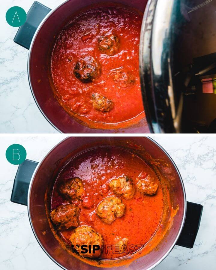 Pot of meatballs collage: pic (a) has a pot of meatballs with lid and pic (b) is an open pot.