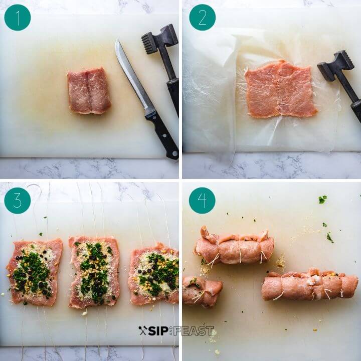 Pork braciole recipe process shot collage.