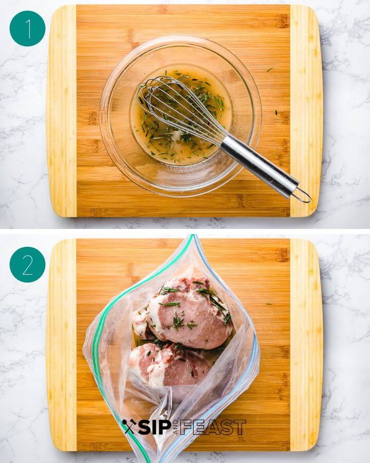 Recipe process collage. Shot 1: whisking marinade in bowl. Shot 2: pork chops in plastic bag on cutting board.