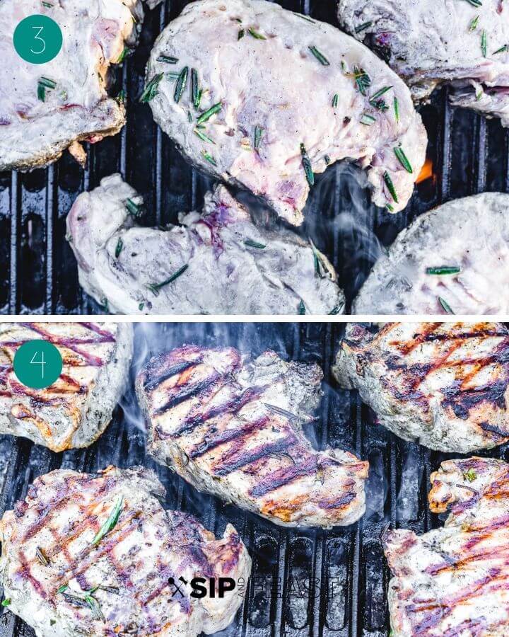 Recipe process shot collage. Shot 1: pork chops on grill. Shot 2: pork chops on grill with dark grill marks.