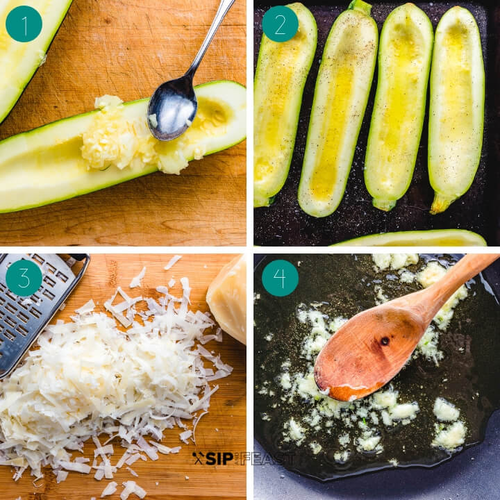 Ricotta stuffed zucchini recipe process shot collage group number one.