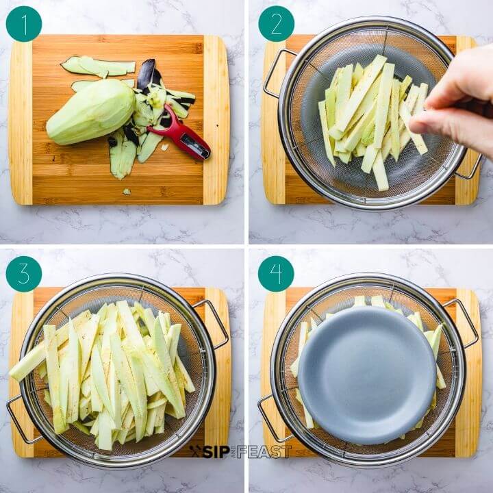 Italian Pickled Eggplant - sipandfeast.com #pickledeggplant #eggplant #italianrecipes Italian pickled eggplant recipe process shot collage group number one.