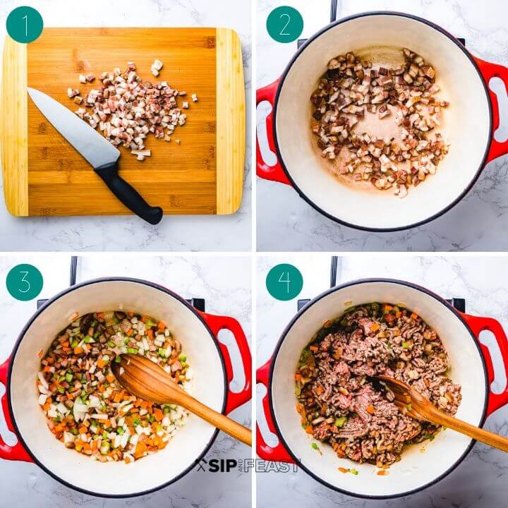 Authentic bolognese recipe process shot collage group number one.