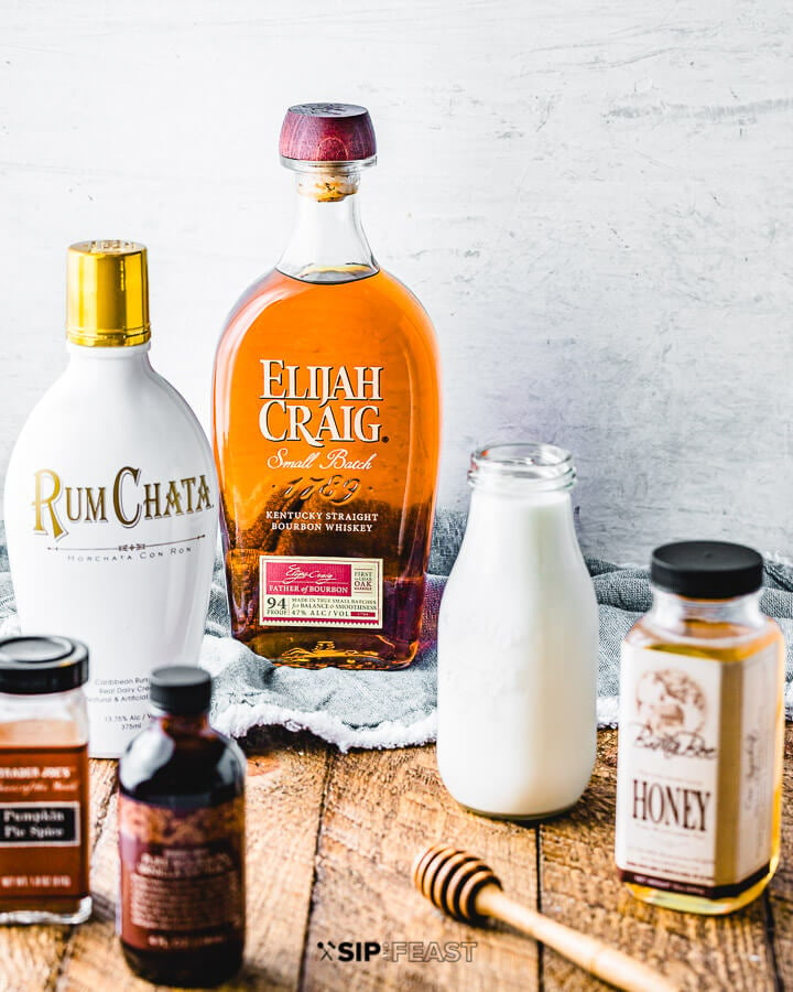 Ingredients shown: Rumchata, bourbon, milk, honey, pumpkin spice, and vanilla extract.