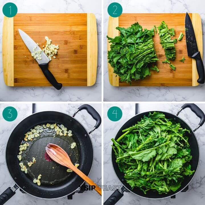 Sauteed broccoli rabe recipe process shot collage group number one.