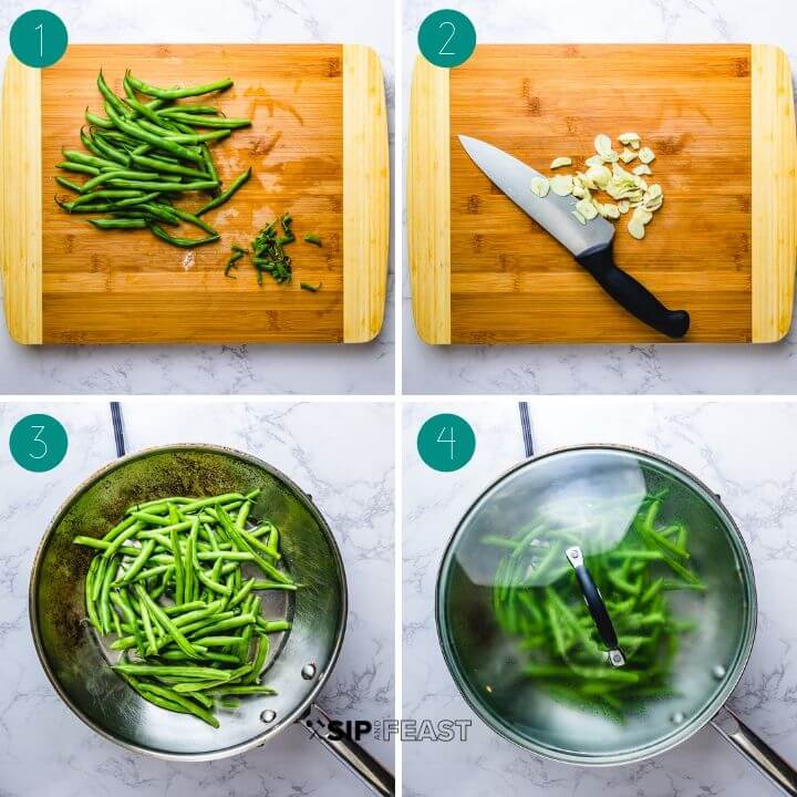 Italian green beans with garlic and oil process shot collage group number one.