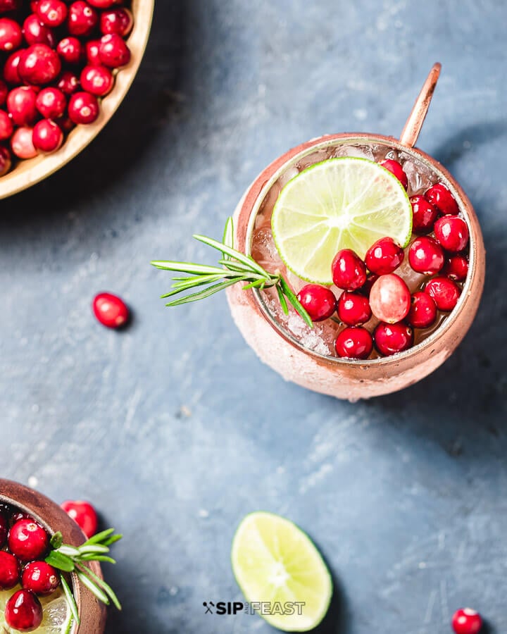 Overhead shot of cranberry mule cocktail on blue background.