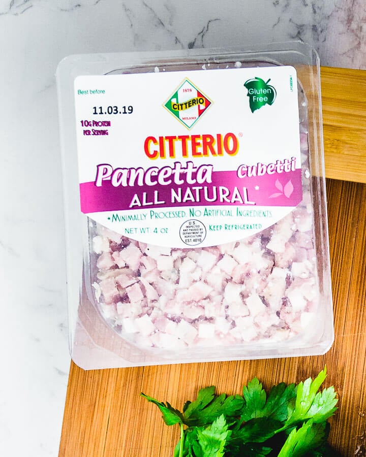 Citterio diced pancetta in package on cutting board.