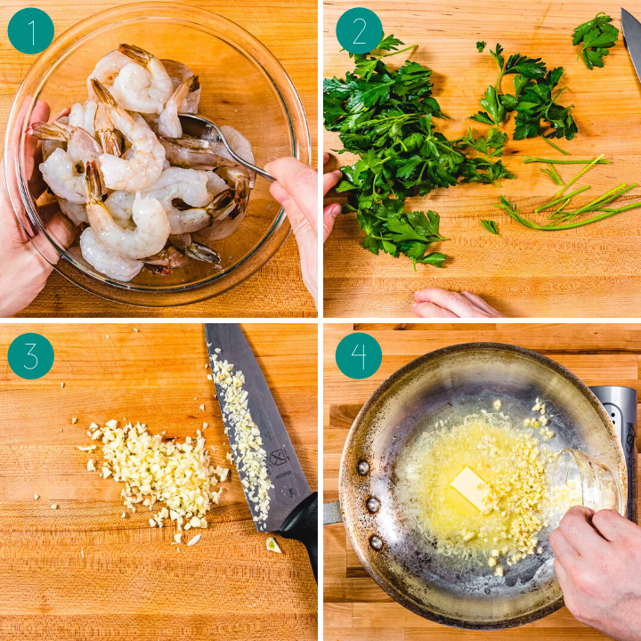 Shrimp scampi recipe process shot collage group number one.