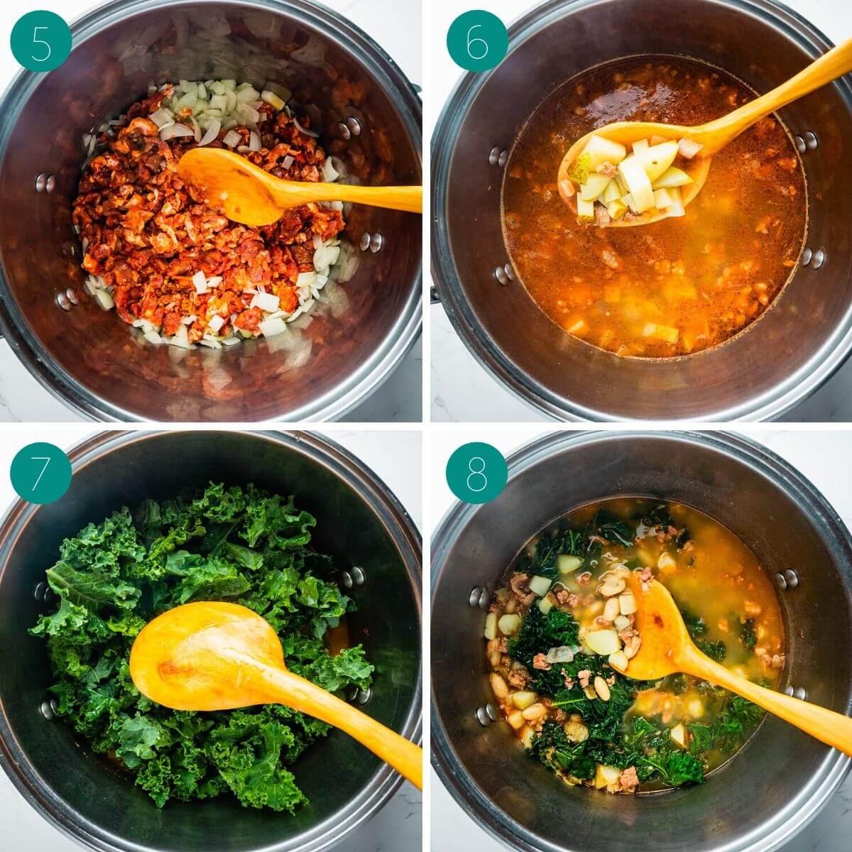 Recipe process shot collage group number two showing cooked sausage and onion, potatoes added to soup, kale added to soup, and finished soup.