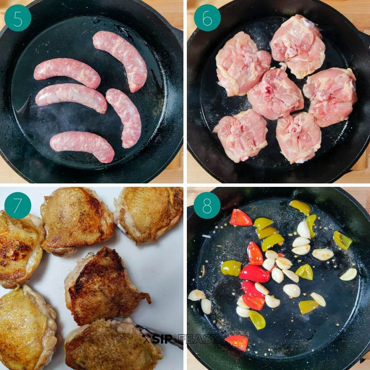 Recipe process shot collage group number two showing sausage and chicken in cast iron pan, cooked chicken pieces, and garlic and cherry peppers in cast iron pan.
