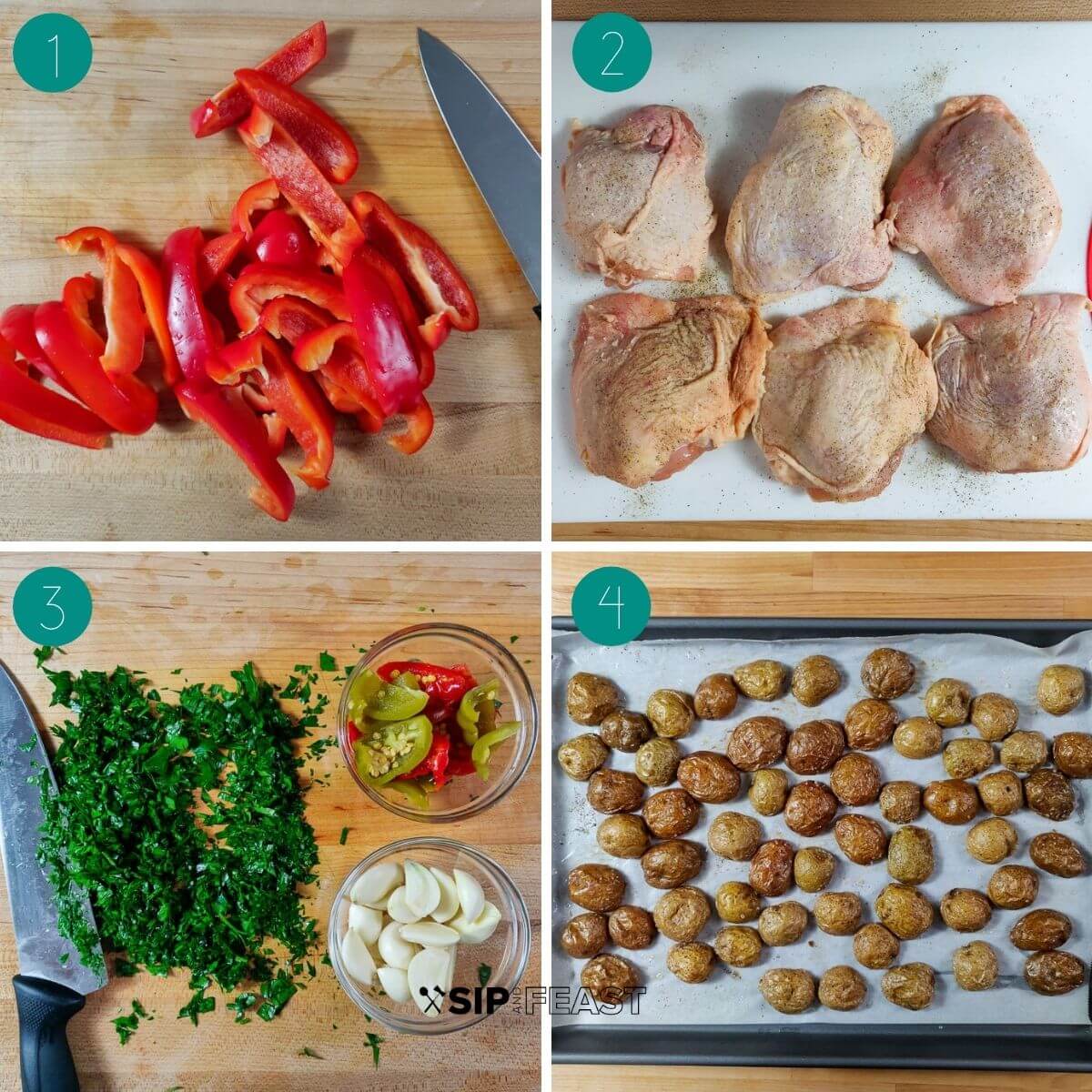 Chicken Scarpariello process shot collage group number one showing sliced peppers, seasoned chicken pieces, chopped parsley, garlic, and cherry peppers and potatoes.