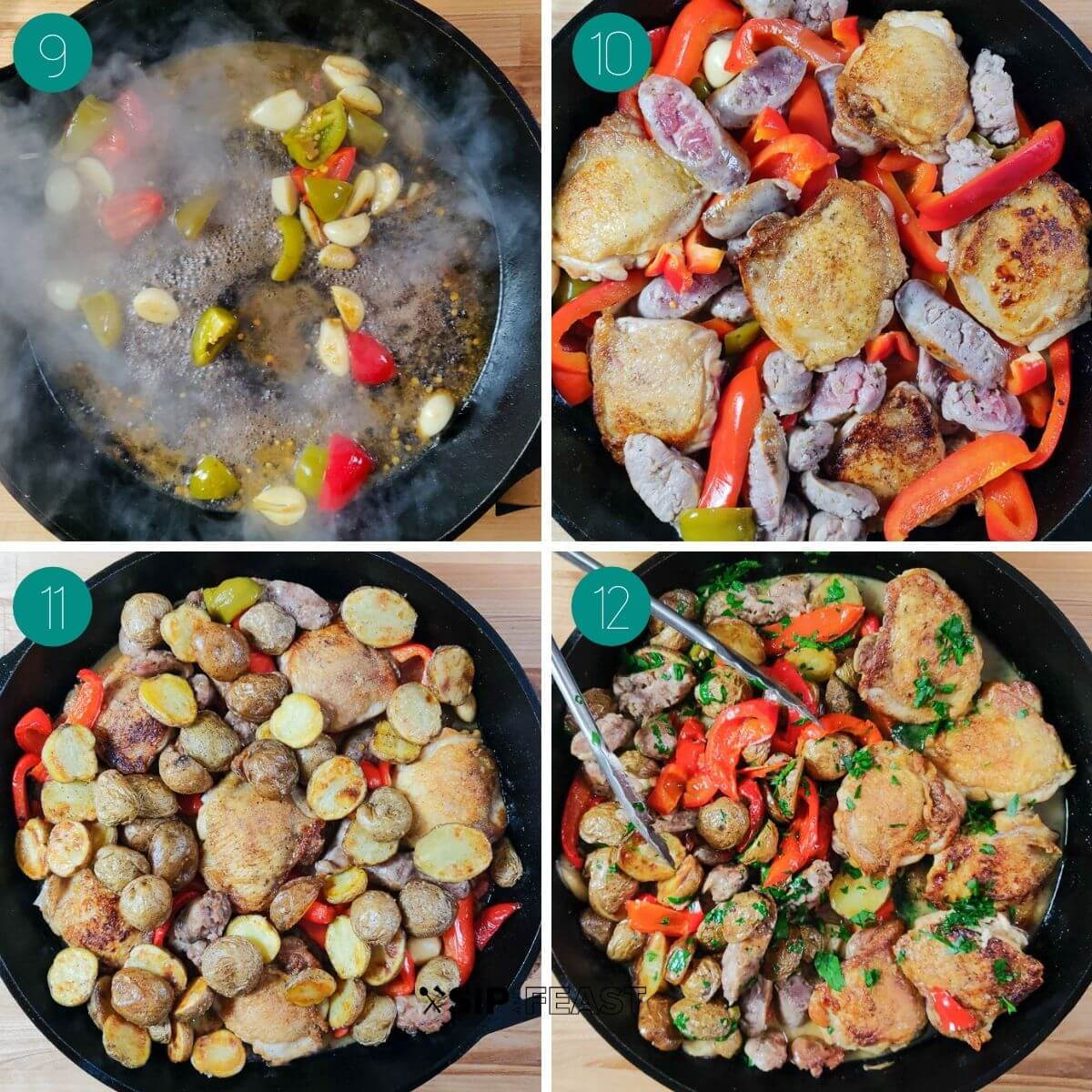 Recipe process shot collage group number 3 showing chicken peppers and sausage cooking in the cast iron pan, with potatoes in the pan, and finished with parsley.