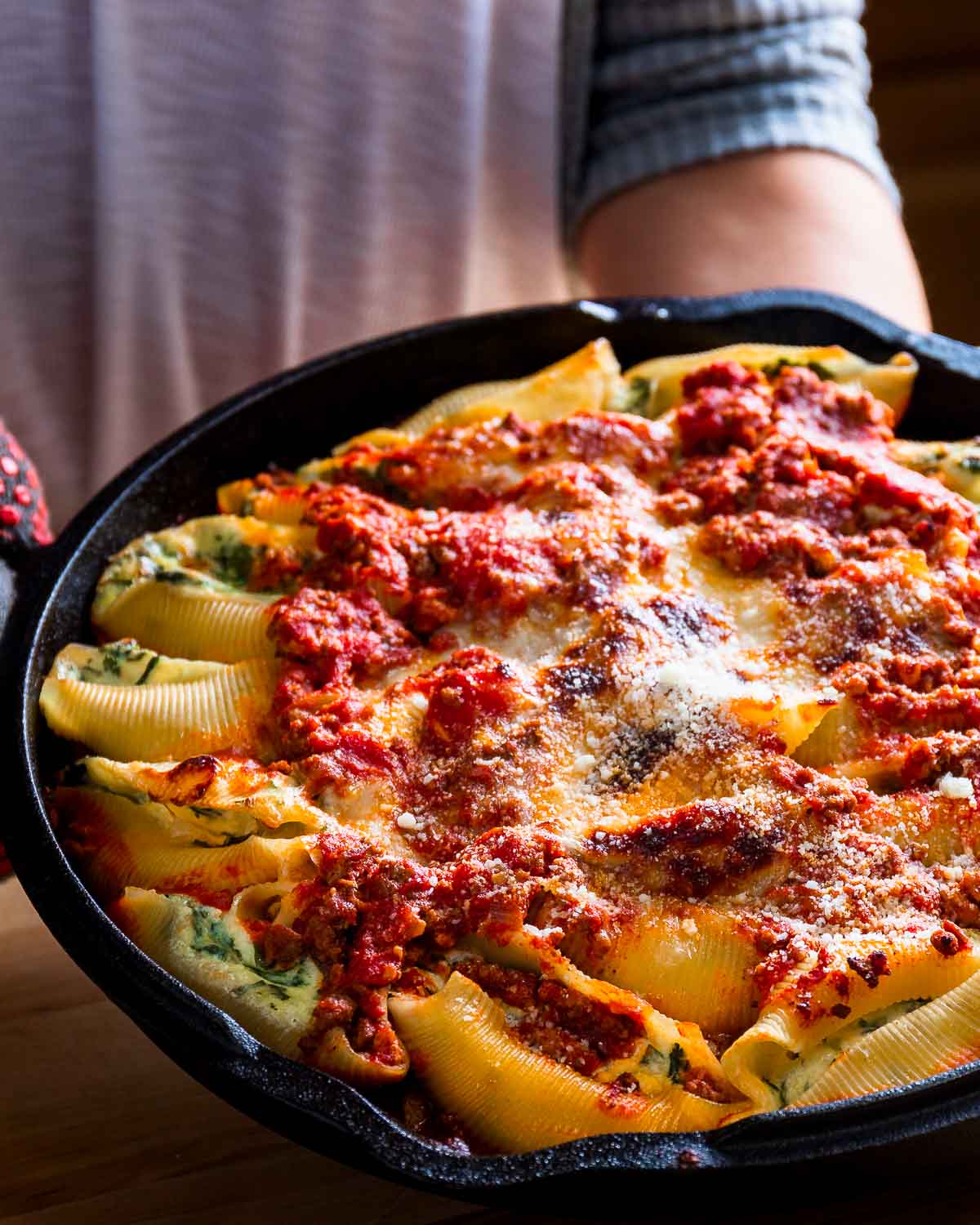 Stuffed shells in cast iron pan.