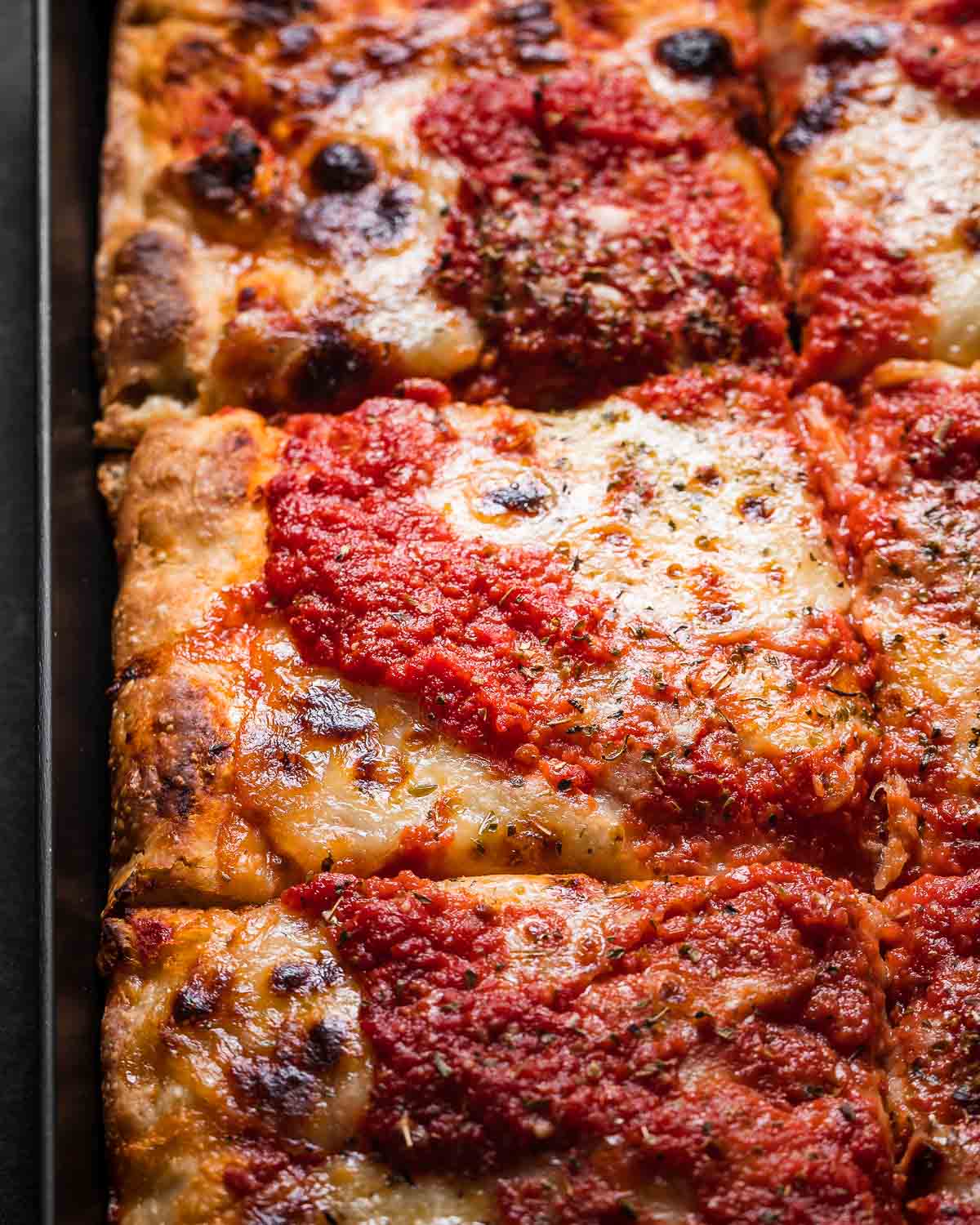 New York Sicilian pizza in pan.